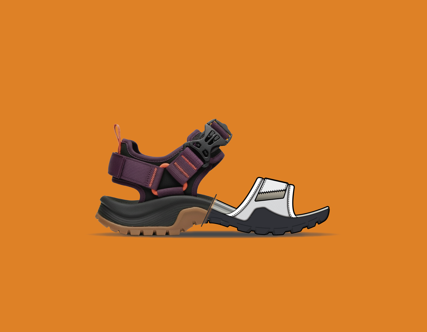 Trail sandal design with aggressive outsole, EVA midsole, and adjustable strap system for outdoor performance
