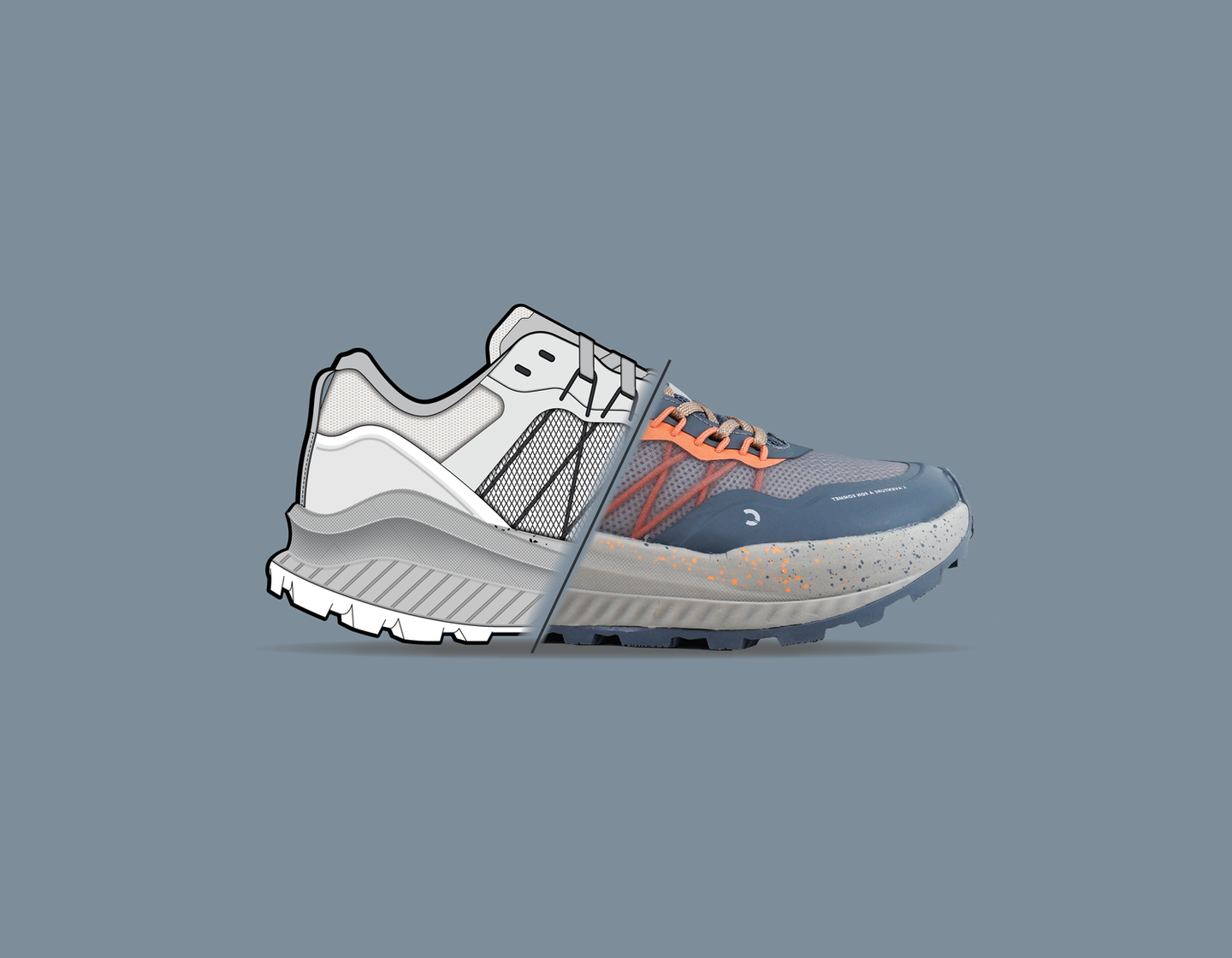 Trail running shoe design project showcasing high-traction outsole, EVA cushioning midsole, and breathable mesh and TPU upper construction for performance terrain running