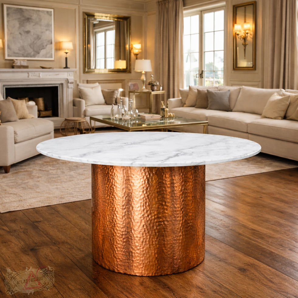 Thumbnail: Round Marble Table -  Hammered Copper Base Coffee Table