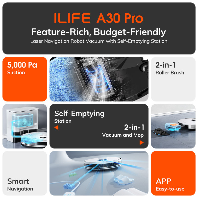 Thumbnail: ILIFE A30 PRO 5000Pa Suction, Robot Vacuum and Mop Combo, Self emptying, 60 day 