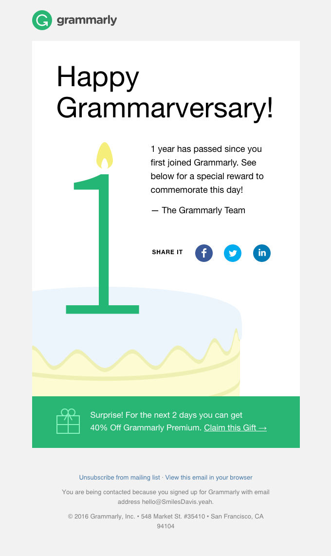 A screenshot of a promotional email from Grammarly.