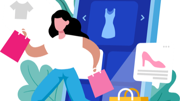 An illustration of a woman walking through a phone carrying shopping bags.