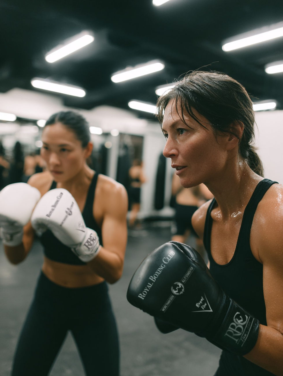 Alumnas entrenando con guantes RBC Flow & Style en Royal Boxing Club Barcelona.