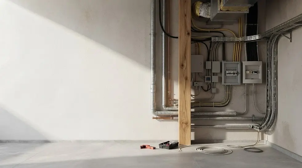 Studio photography of exposed utility pipes and electrical wiring on a concrete interior wall. The scene captures a raw construction aesthetic with tools placed on the floor.