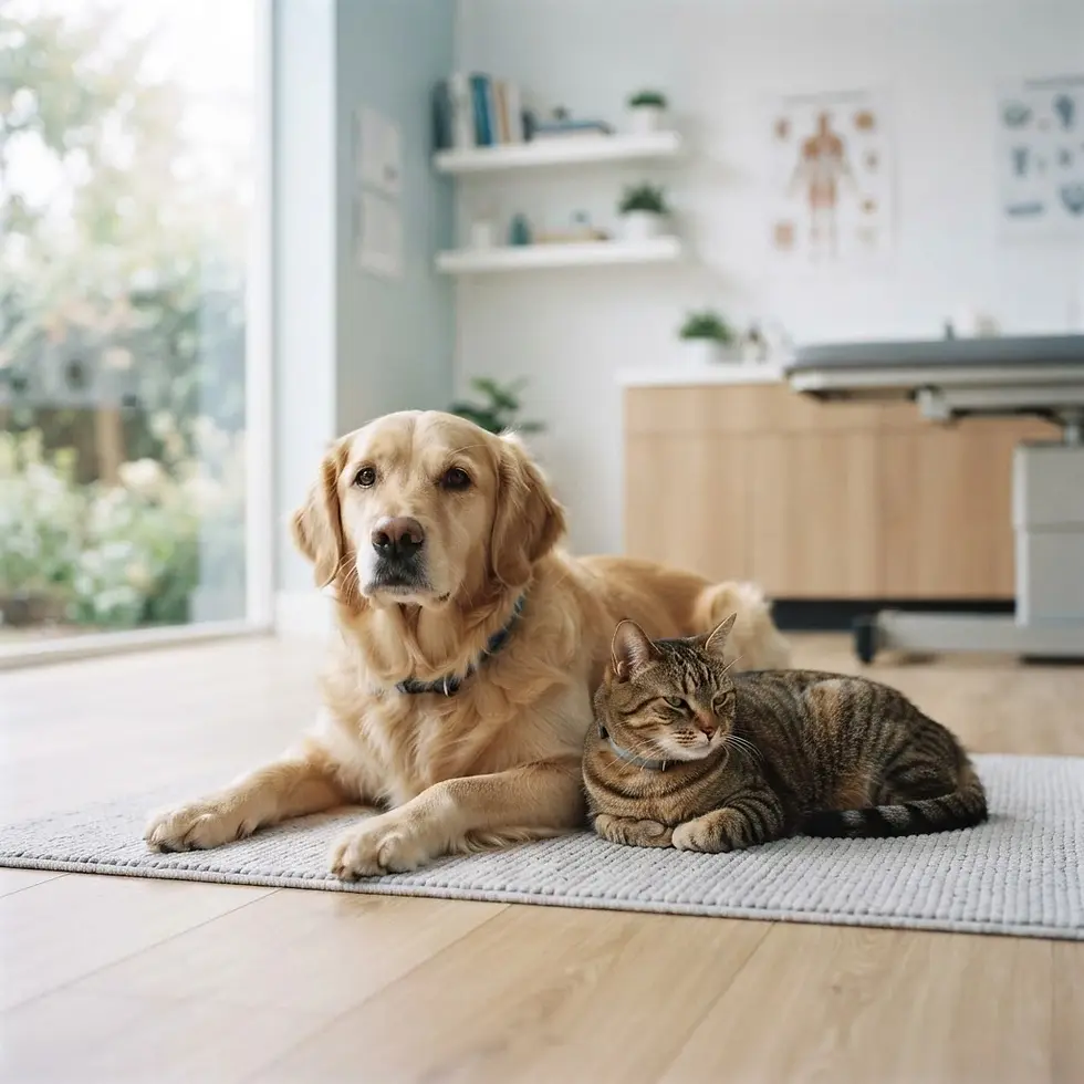 Studio photography of a golden retriever and a tabby cat lying together on a mat. The animals appear calm in a bright, clean room, suggesting a veterinary clinic or home.