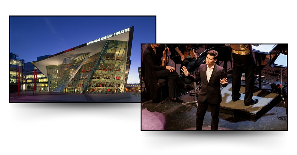 Two framed portraits, one of a smiling woman and one of a man, with a red curtain backdrop reading "Friends from the West End."