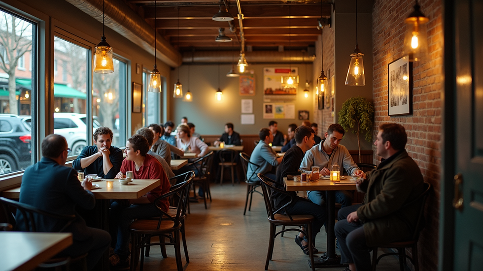 Eye-level view of a cozy pay-what-you-can cafe with patrons enjoying their meals