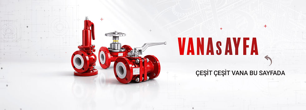 Kırmızı endüstriyel vanalar ve "VANASAYFA, Çeşit çeşit vana bu sayfada" yazısı