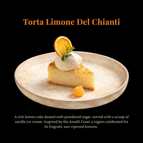 A slice of rich lemon cake dusted with powdered sugar, topped with a scoop of vanilla ice cream and a dried citrus wheel, served on a rustic ceramic plate