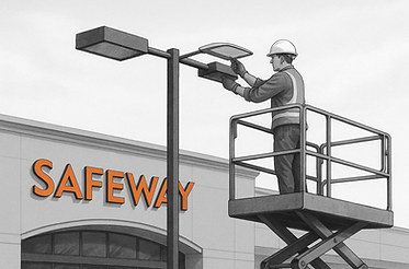 Technician installing LED sign for storefront