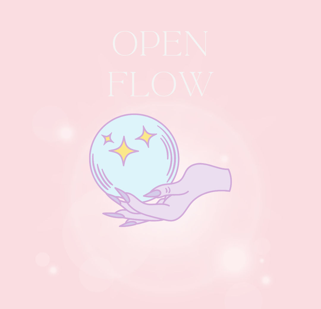 „Open Flow“ Grafik in Pastellrosa mit Hand und Kristallkugel.