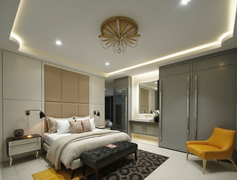 a bedroom with a large bed and a chandelier hanging from the ceiling