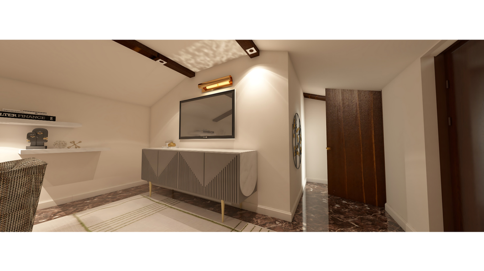 a tv is mounted on a wall above a dresser