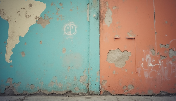 Textured wall with peeling paint and an illustrated face design. Interior Design Big Bear.