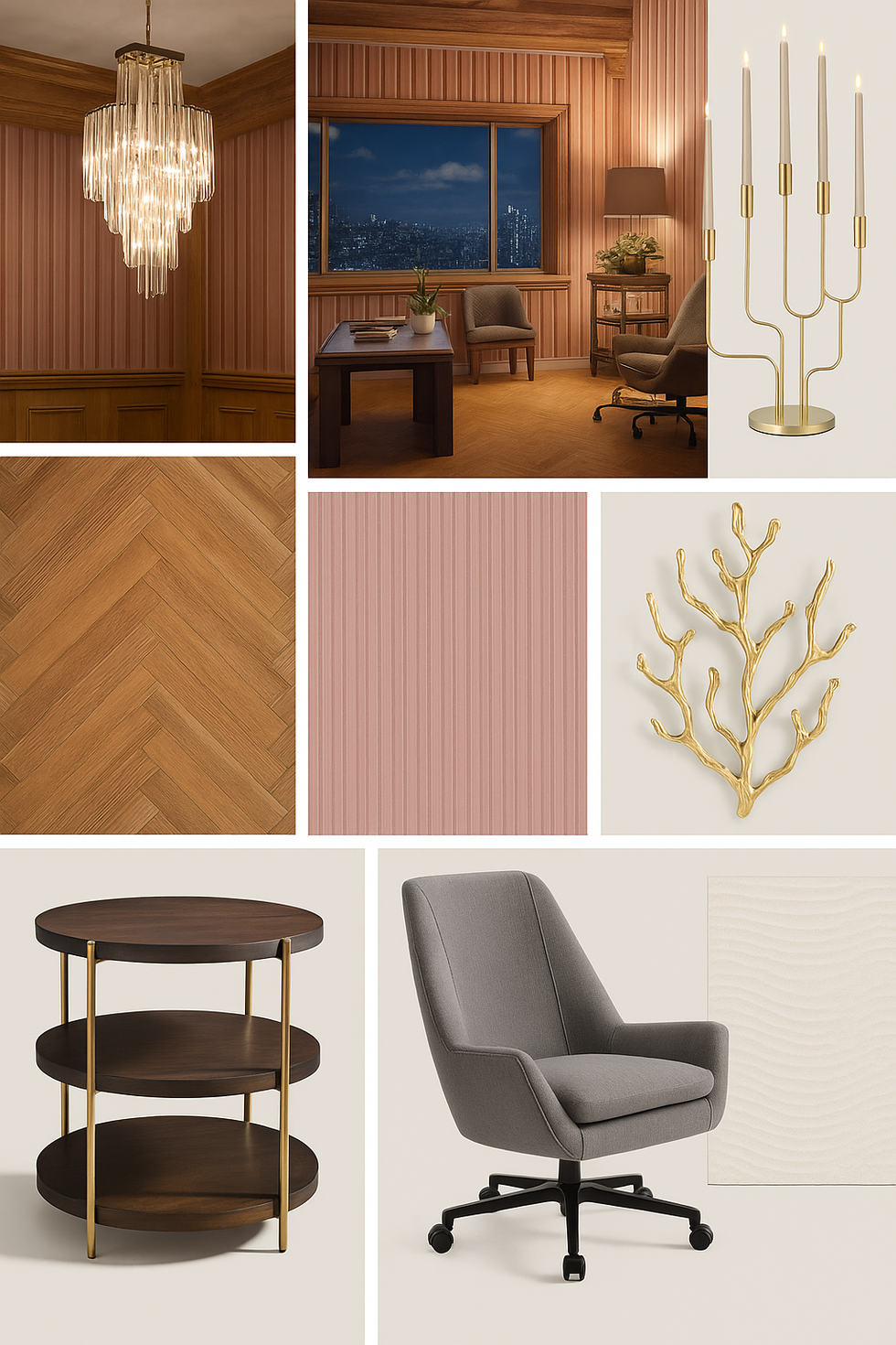 a collage of pictures shows a chair a table and a lamp