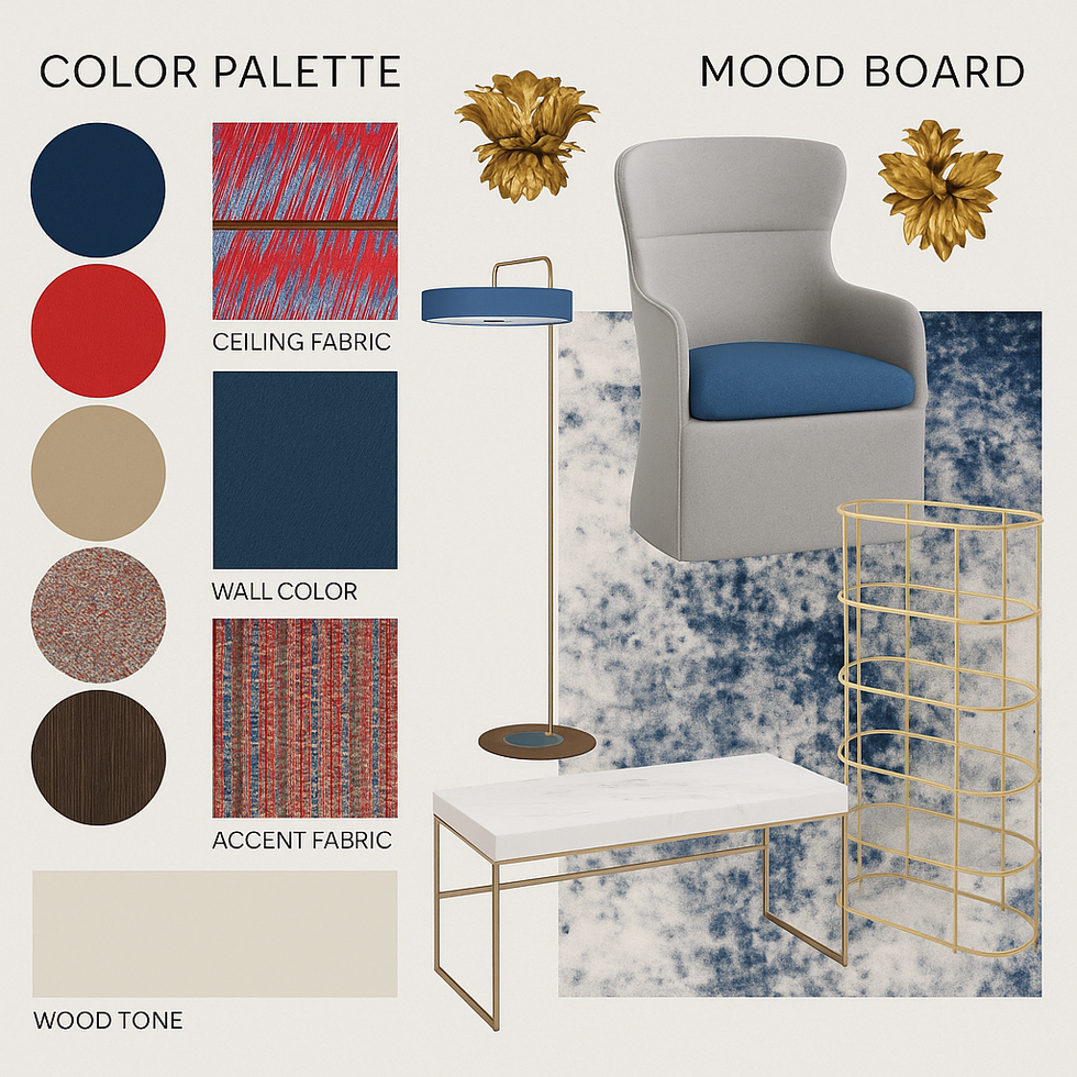 a mood board with a chair and a table