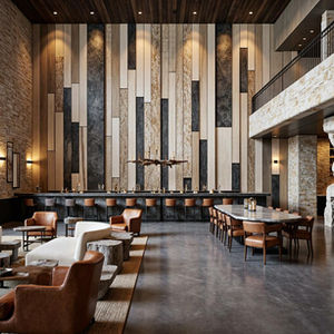 Wyoming mountain resort bar interior design render stone wall communal table hospitality