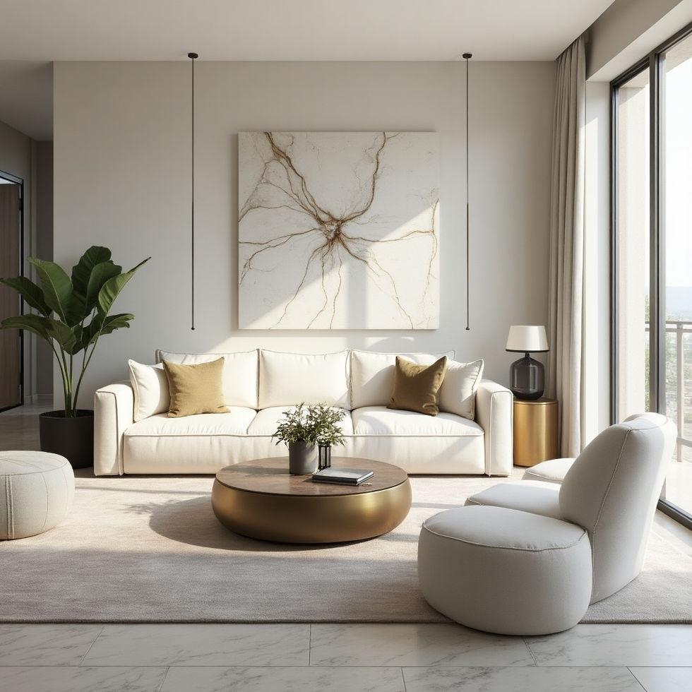 a living room with a white couch and a gold coffee table