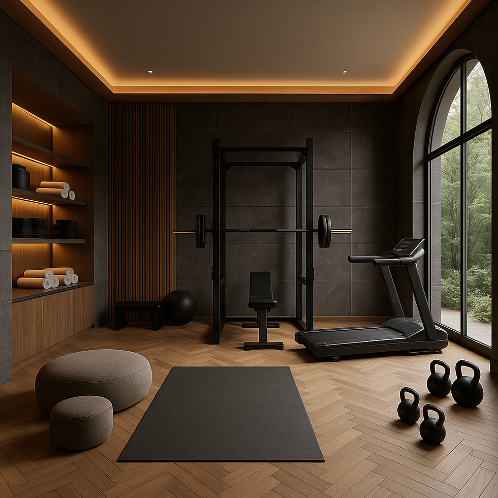 a gym with a treadmill and a barbell rack