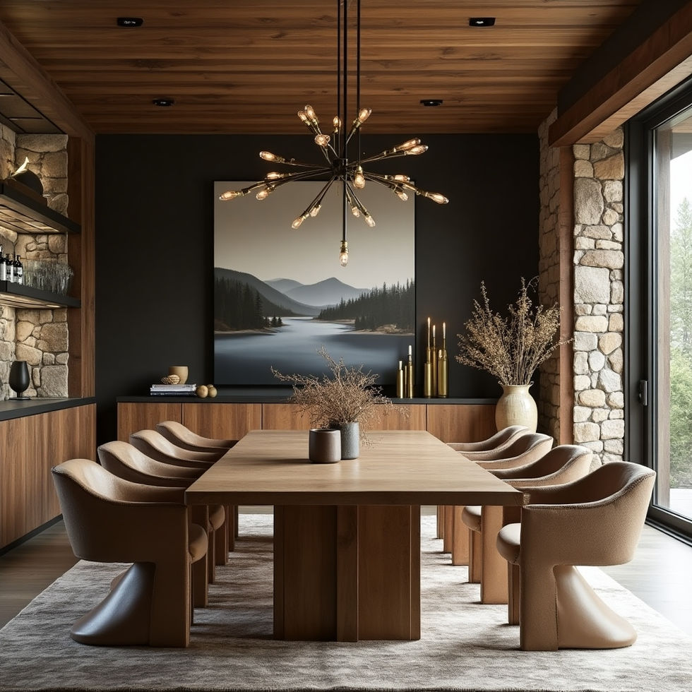 a dining room with a large painting on the wall above the table