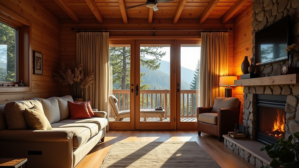 Eye-level view of a cozy lodge interior with natural woods and warm lighting