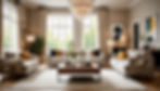 Elegant living room interior design with beige sofas and large windows