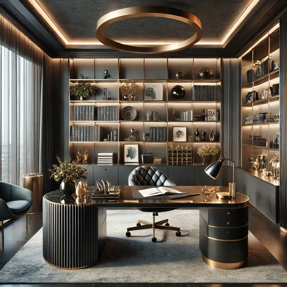 a black and gold office with a desk and chair