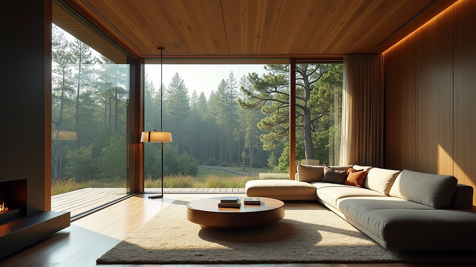 Eye-level view of a luxury living room with large windows overlooking a forest