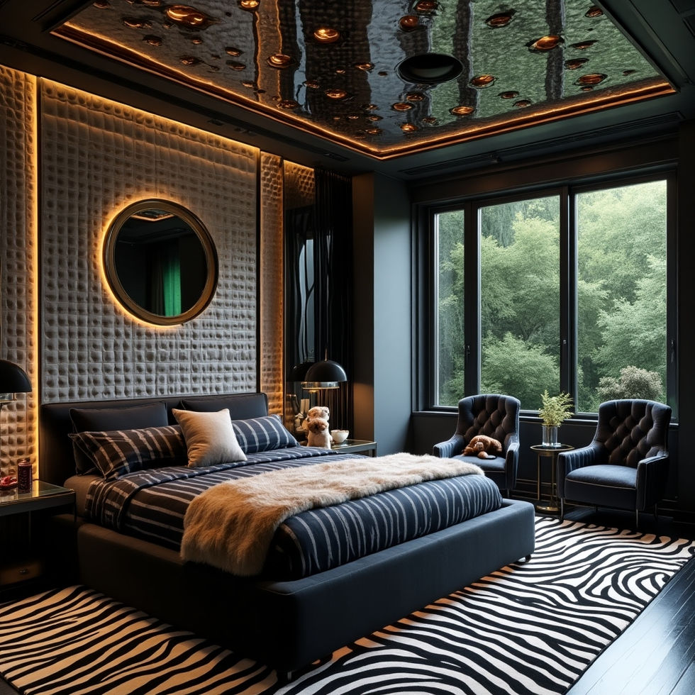 a bedroom with a zebra print rug and a bed