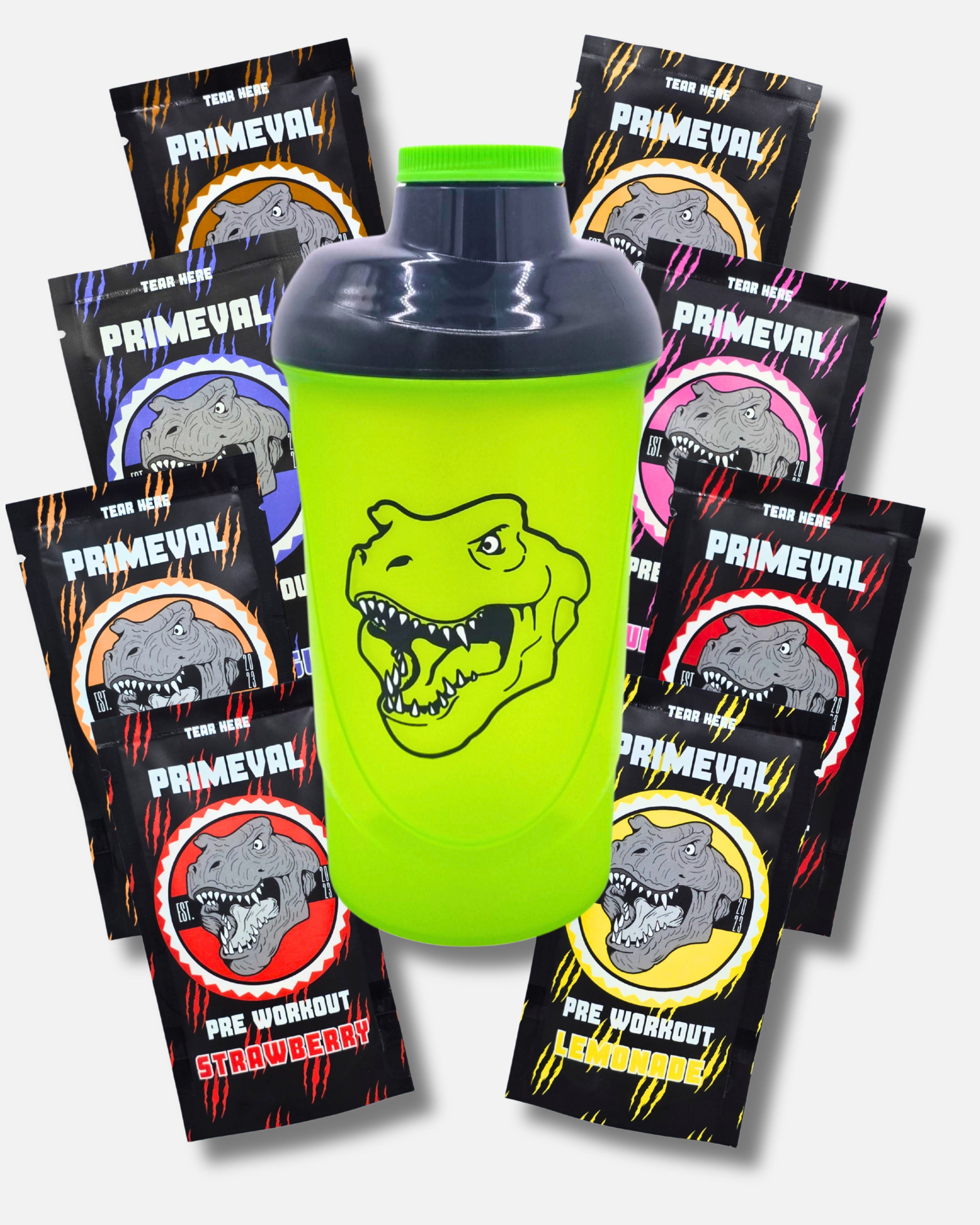Primeval 600ml protein shaker with lide and screw top. 8 pouches of single serving pre workout pouches in various flavours