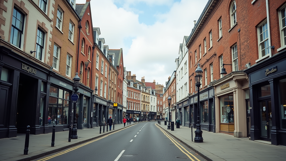 Wide angle view of Leamington Spa town centre street