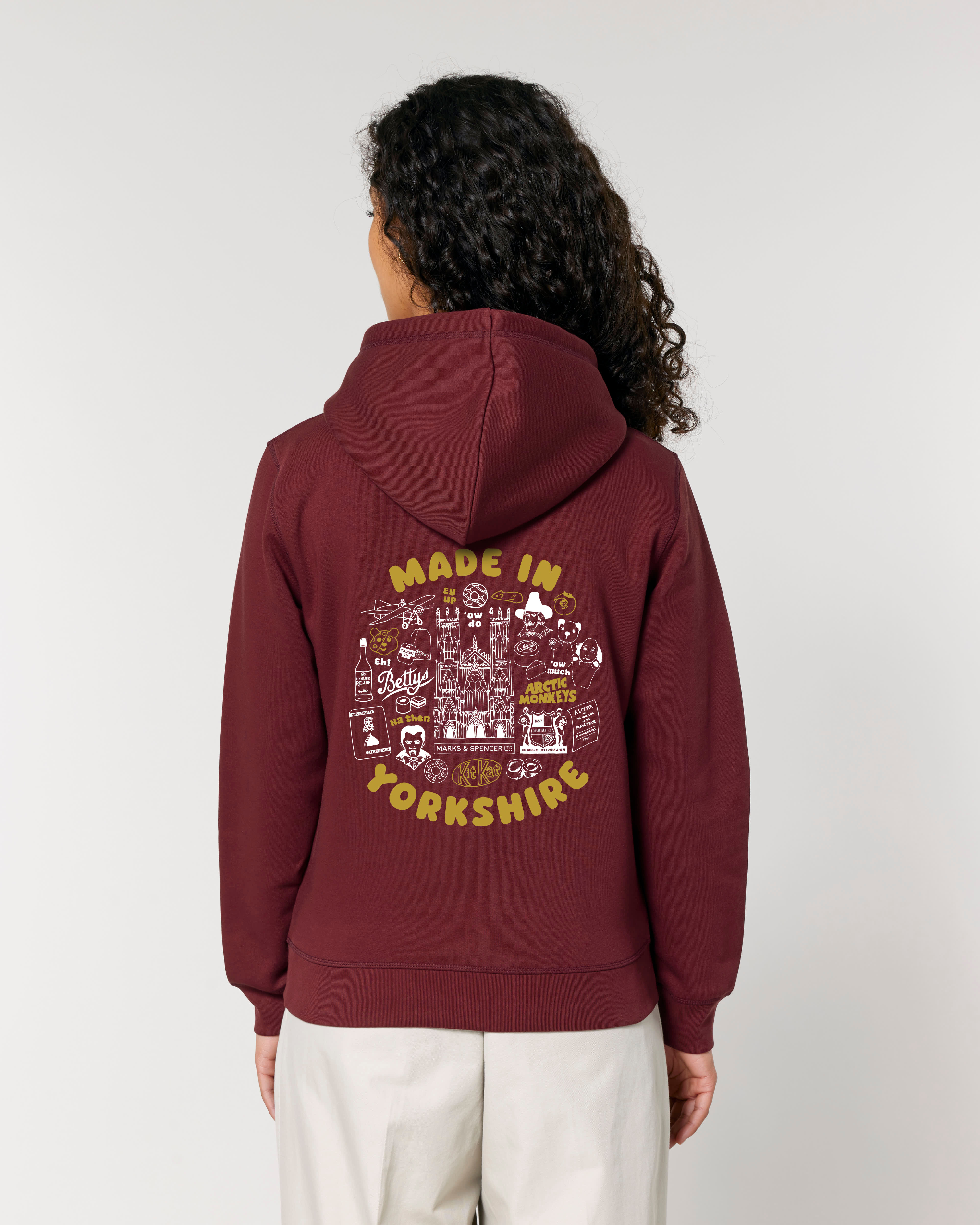 Burgundy Yorkshire Hoodie featuring famous Yorkshire icons | From homegrownthreads.co.uk