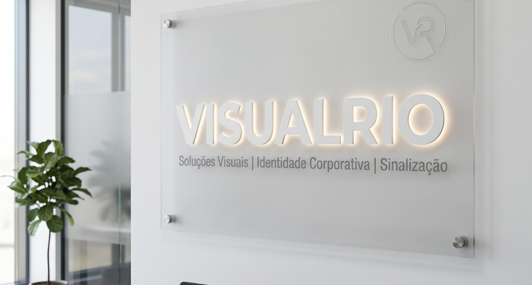 letreiro em acrílico fosco com logotipo para recepção corporativa visual rio