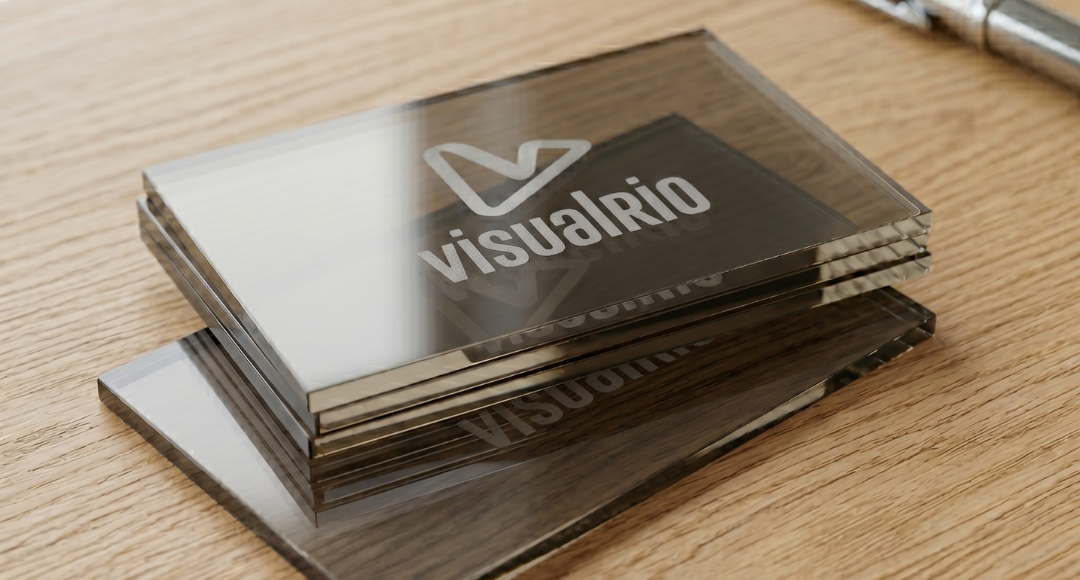cartão de visita em acrílico fumê escuro com logotipo visual rio