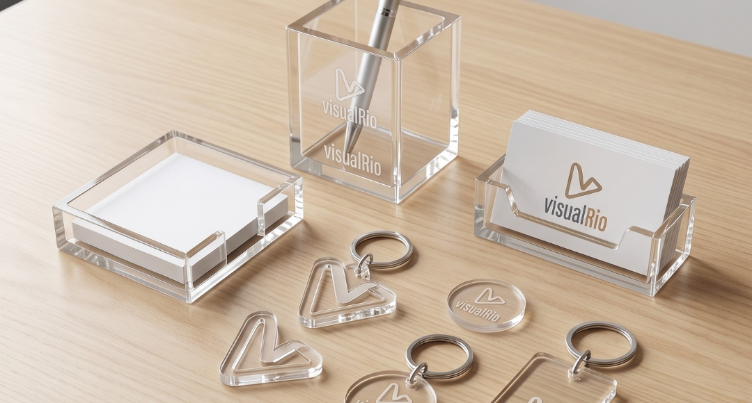 kit de brindes corporativos em acrílico personalizado com logotipo visual rio