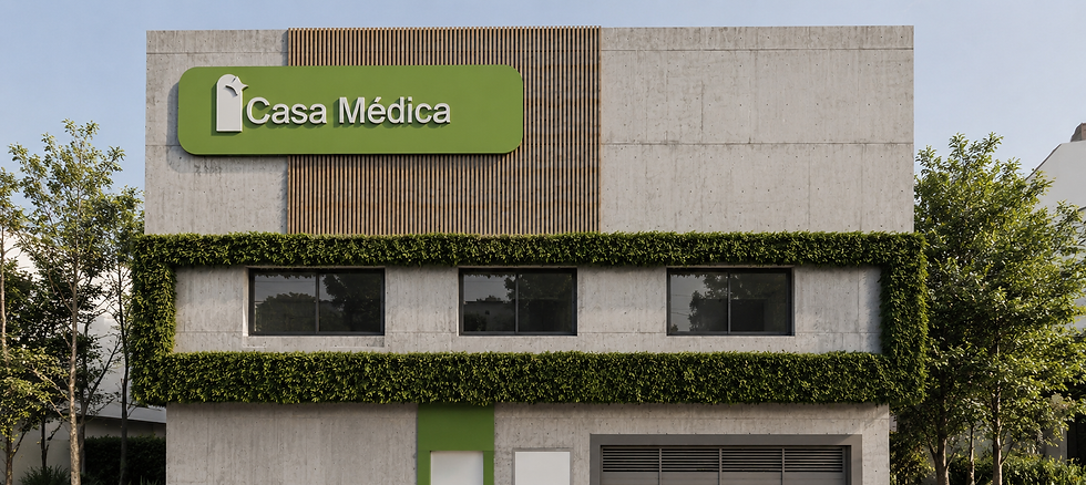 Projeto de fachada comercial da Casa Médica com revestimento em concreto, madeira e vegetação