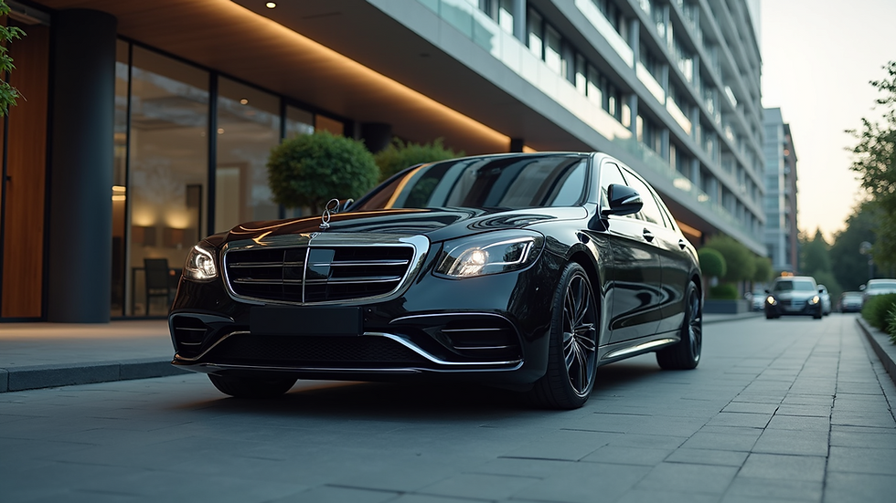 Eye-level view of a luxury black sedan parked outside a modern office building