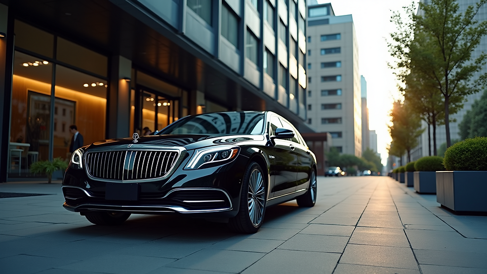 Eye-level view of a luxury black sedan parked outside a corporate building