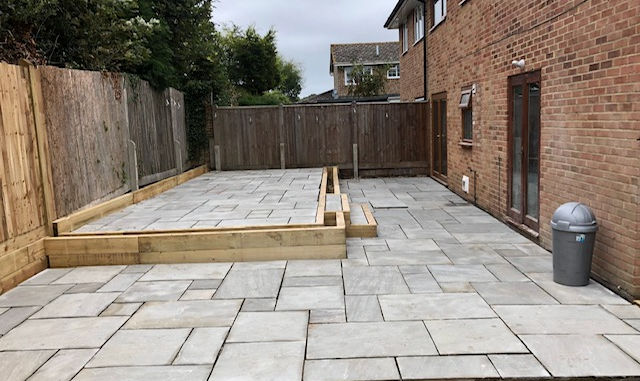 Paving and decking outside a semi-detached house