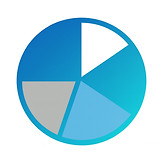 Blue pie chart, four sections, data representation, business analytics, and visualization.