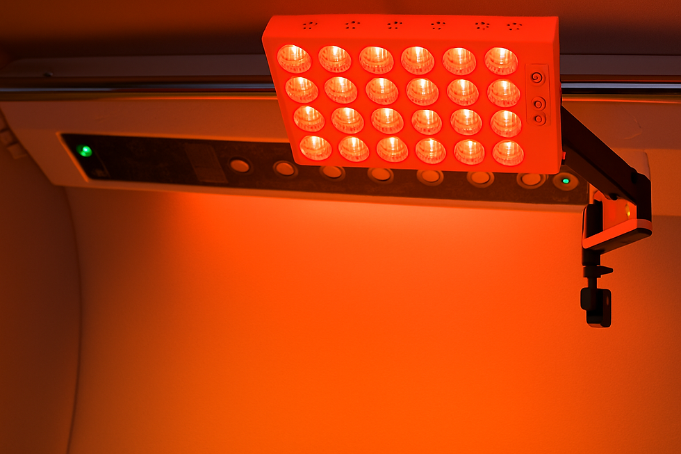 Thumbnail: Bright red light therapy device inside a hyperbaric chamber, Everyday Hyperbaric.