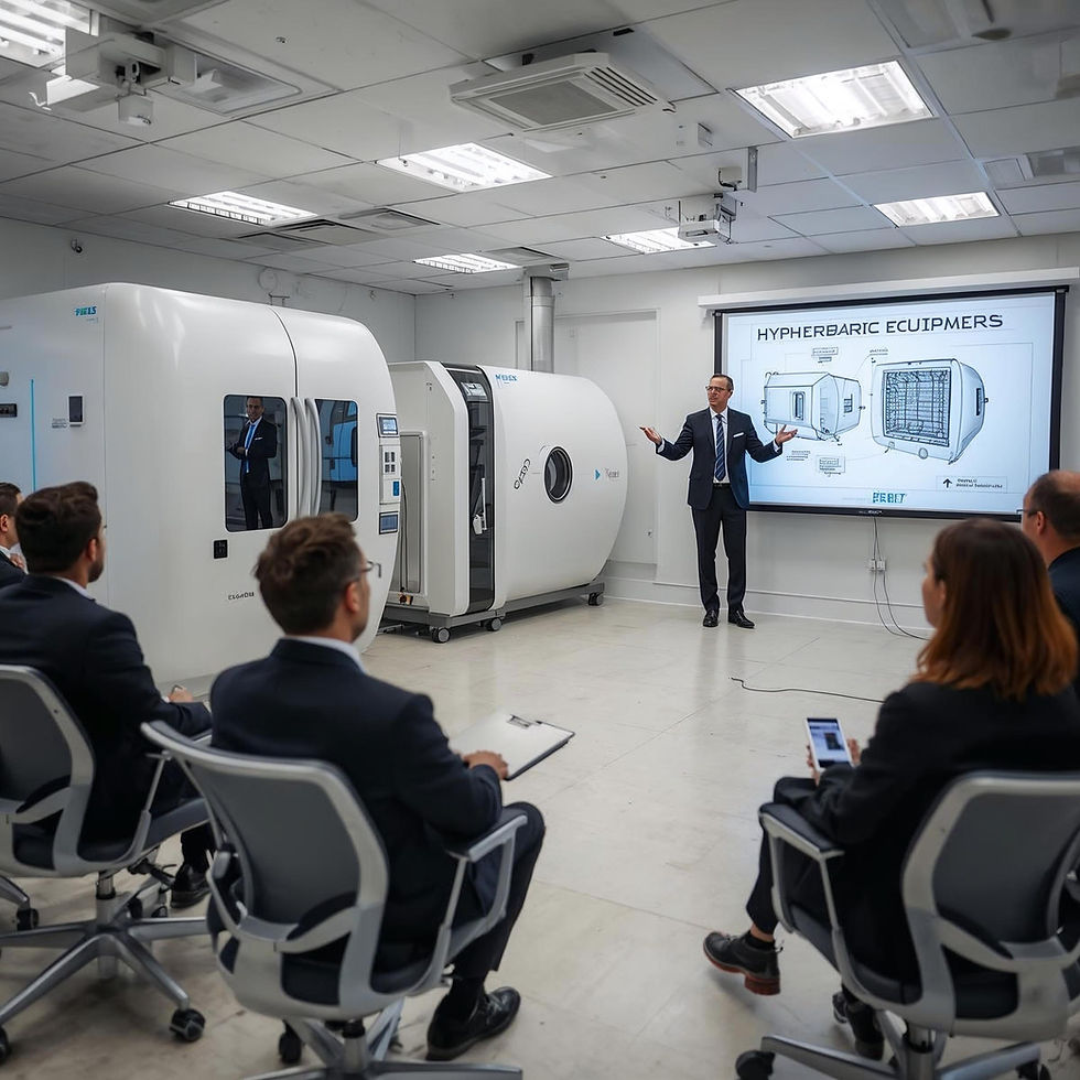Thumbnail: Man presenting to a group, Hyperbaric Equipment on screen, Luxury Leather Power Chair Recliner for Hyperbaric Oxygen Chambers.