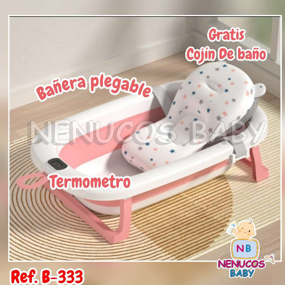 Bañera plegable rosa  incluye cojín y termómetro 