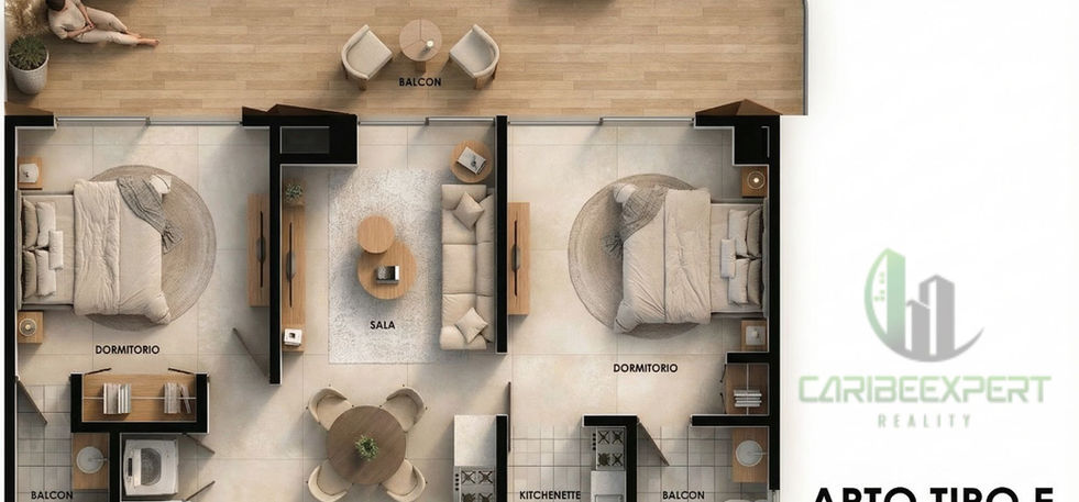 Floor plan of APTO TIPO E with two bedrooms, two bathrooms, open living–dining area with kitchenette, and large balcony terrace; total area 105.26 m².