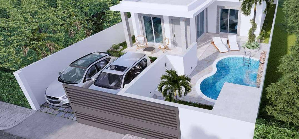 Aerial view of a modern independent villa with pool and parking in Bayahibe