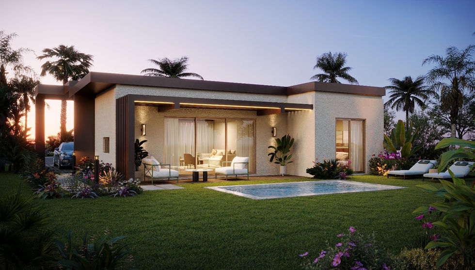 Modern 2-bedroom villa at Villas Macao Punta Cana featuring contemporary architecture, private garden, swimming pool option, covered terrace and tropical landscaping.