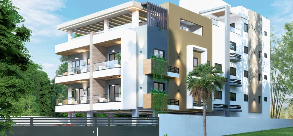 Perspective view of Coral Residence II modern condominium with balconies and covered parking