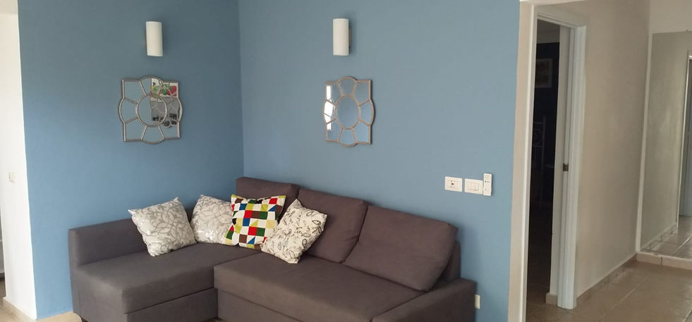 Cozy living area with gray sofa, blue accent wall, decorative mirrors, and open layout in the apartment in Dominicus.