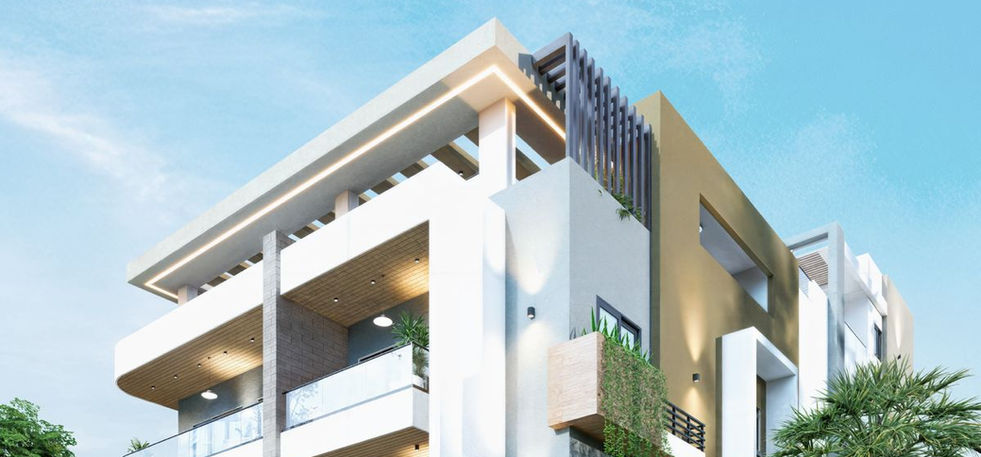 Corner perspective of Coral Residence II Bayahibe with modern balconies, glass railings and vertical garden elements