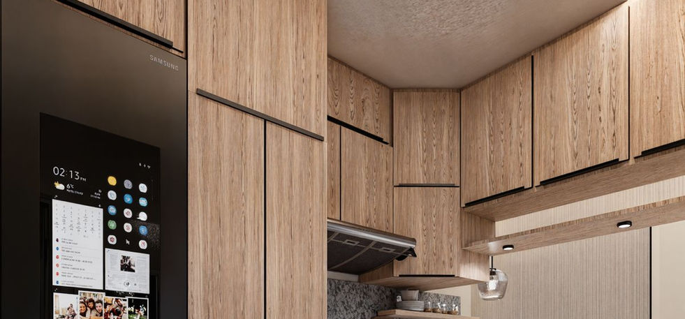 Modern kitchen with wood cabinets and adjoining lounge area in Coral Residence II Bayahibe apartment